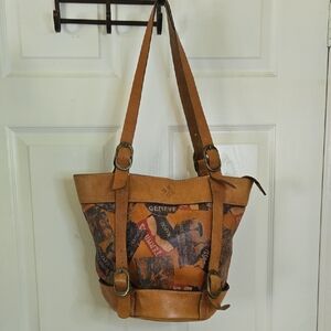Patricia Nash Brown Tote or Bucket Bag, Adjustable Straps, Travel Theme, Leather